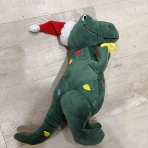 Christmas Dinosaur 10 in. Green Holiday Lights Plush Stuffed Animal Fringe